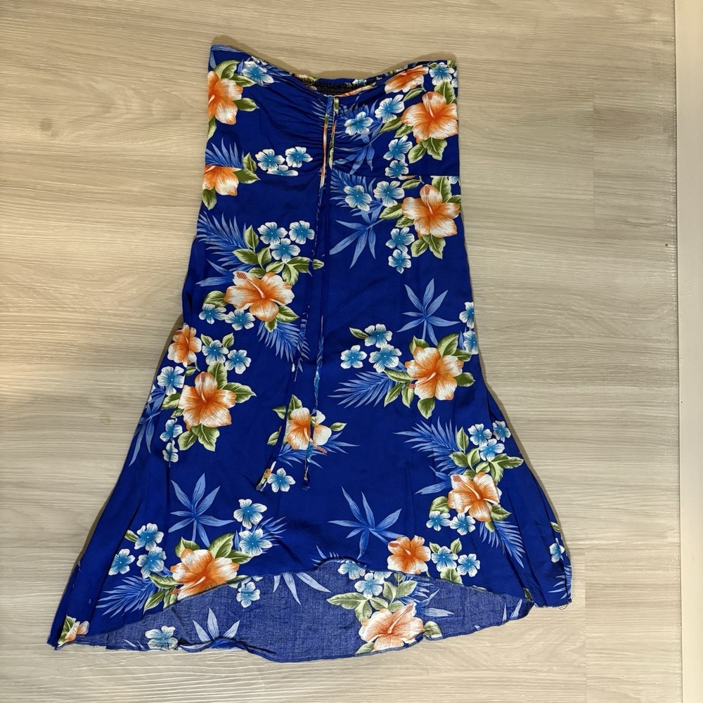 Hawaii Hangover Girls Dress Blue Floral Hibiscus High Low Strapless Smocked 14